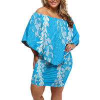 Puakenikeni and Maile Lei Off Shoulder Short Dress Blue Double Strand Lei