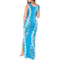 Puakenikeni and Maile Lei Tank Maxi Dress Blue Double Strand Lei