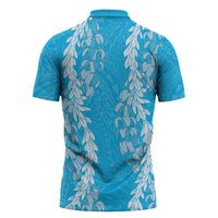 Puakenikeni and Maile Lei Zipper Polo Shirt Blue Double Strand Lei - Polynesian Pride