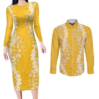 Puakenikeni and Maile Lei Couples Matching Long Sleeve Bodycon Dress and Long Sleeve Button Shirt Gold Double Strand Lei LT9 Gold - Polynesian Pride