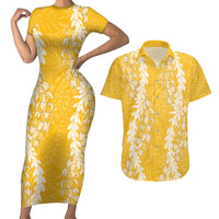 Puakenikeni and Maile Lei Couples Matching Short Sleeve Bodycon Dress and Hawaiian Shirt Gold Double Strand Lei