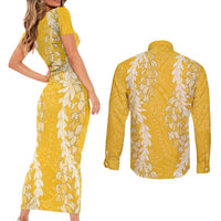 Puakenikeni and Maile Lei Couples Matching Short Sleeve Bodycon Dress and Long Sleeve Button Shirt Gold Double Strand Lei LT9 - Polynesian Pride
