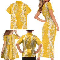 Puakenikeni and Maile Lei Family Matching Short Sleeve Bodycon Dress and Hawaiian Shirt Gold Double Strand Lei