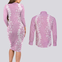 Puakenikeni and Maile Lei Couples Matching Long Sleeve Bodycon Dress and Long Sleeve Button Shirt Pink Double Strand Lei LT9 - Polynesian Pride