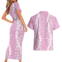 Puakenikeni and Maile Lei Couples Matching Short Sleeve Bodycon Dress and Hawaiian Shirt Pink Double Strand Lei