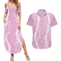 Puakenikeni and Maile Lei Couples Matching Summer Maxi Dress and Hawaiian Shirt Pink Double Strand Lei