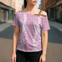 Puakenikeni and Maile Lei Cross Shoulder Shirt Pink Double Strand Lei - Polynesian Pride