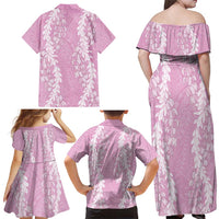 Puakenikeni and Maile Lei Family Matching Off Shoulder Maxi Dress and Hawaiian Shirt Pink Double Strand Lei