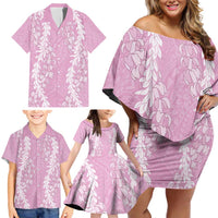 Puakenikeni and Maile Lei Family Matching Off Shoulder Short Dress and Hawaiian Shirt Pink Double Strand Lei