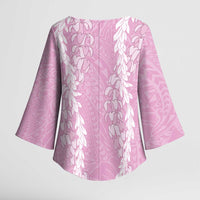 Puakenikeni and Maile Lei Kimono Sleeve Blouse Pink Double Strand Lei - Polynesian Pride