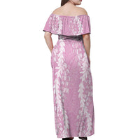 Puakenikeni and Maile Lei Off Shoulder Maxi Dress Pink Double Strand Lei