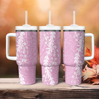 Puakenikeni and Maile Lei Tumbler With Handle Pink Double Strand Lei