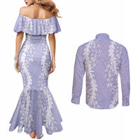 Puakenikeni and Maile Lei Couples Matching Mermaid Dress and Long Sleeve Button Shirt Purple Double Strand Lei LT9 - Polynesian Pride