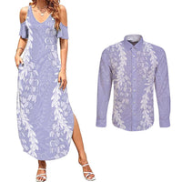 Puakenikeni and Maile Lei Couples Matching Summer Maxi Dress and Long Sleeve Button Shirt Purple Double Strand Lei