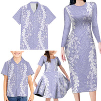 Puakenikeni and Maile Lei Family Matching Long Sleeve Bodycon Dress and Hawaiian Shirt Purple Double Strand Lei