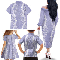 Puakenikeni and Maile Lei Family Matching Off The Shoulder Long Sleeve Dress and Hawaiian Shirt Purple Double Strand Lei