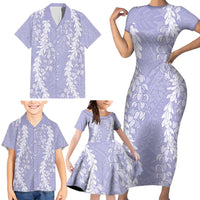 Puakenikeni and Maile Lei Family Matching Short Sleeve Bodycon Dress and Hawaiian Shirt Purple Double Strand Lei