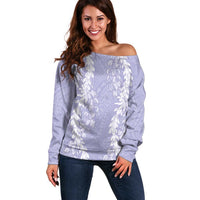 Puakenikeni and Maile Lei Off Shoulder Sweater Purple Double Strand Lei