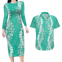 Puakenikeni and Maile Lei Couples Matching Long Sleeve Bodycon Dress and Hawaiian Shirt Sage Green Double Strand Lei