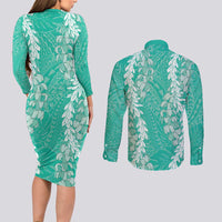 Puakenikeni and Maile Lei Couples Matching Long Sleeve Bodycon Dress and Long Sleeve Button Shirt Sage Green Double Strand Lei LT9 - Polynesian Pride