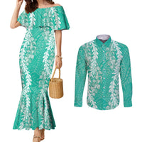 Puakenikeni and Maile Lei Couples Matching Mermaid Dress and Long Sleeve Button Shirt Sage Green Double Strand Lei LT9 Sage Green - Polynesian Pride