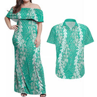 Puakenikeni and Maile Lei Couples Matching Off Shoulder Maxi Dress and Hawaiian Shirt Sage Green Double Strand Lei