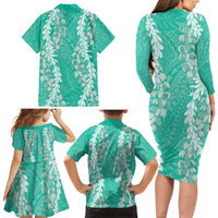 Puakenikeni and Maile Lei Family Matching Long Sleeve Bodycon Dress and Hawaiian Shirt Sage Green Double Strand Lei
