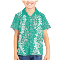 Puakenikeni and Maile Lei Family Matching Mermaid Dress and Hawaiian Shirt Sage Green Double Strand Lei