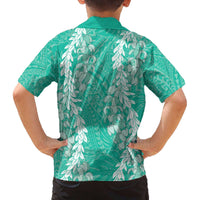 Puakenikeni and Maile Lei Family Matching Off The Shoulder Long Sleeve Dress and Hawaiian Shirt Sage Green Double Strand Lei