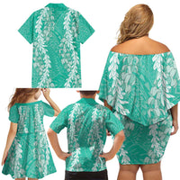 Puakenikeni and Maile Lei Family Matching Off Shoulder Short Dress and Hawaiian Shirt Sage Green Double Strand Lei
