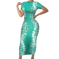 Puakenikeni and Maile Lei Family Matching Short Sleeve Bodycon Dress and Hawaiian Shirt Sage Green Double Strand Lei