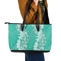 Puakenikeni and Maile Lei Leather Tote Bag Sage Green Double Strand Lei