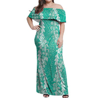 Puakenikeni and Maile Lei Off Shoulder Maxi Dress Sage Green Double Strand Lei