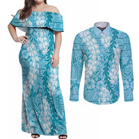 Blue Puakenikeni and Maile Lei Couples Matching Off Shoulder Maxi Dress and Long Sleeve Button Shirt Hawaiian Style Tribal Tapa Double Strand Lei LT9 Blue - Polynesian Pride
