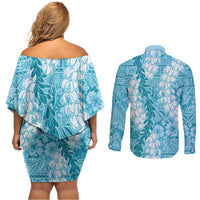 Blue Puakenikeni and Maile Lei Couples Matching Off Shoulder Short Dress and Long Sleeve Button Shirt Hawaiian Style Tribal Tapa Double Strand Lei LT9 - Polynesian Pride