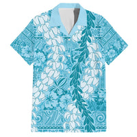 Blue Puakenikeni and Maile Lei Family Matching Off The Shoulder Long Sleeve Dress and Hawaiian Shirt Hawaiian Style Tribal Tapa Double Strand Lei LT9 Dad's Shirt - Short Sleeve Blue - Polynesian Pride
