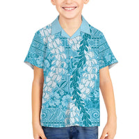 Blue Puakenikeni and Maile Lei Family Matching Off The Shoulder Long Sleeve Dress and Hawaiian Shirt Hawaiian Style Tribal Tapa Double Strand Lei LT9 Son's Shirt Blue - Polynesian Pride