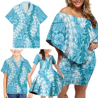Blue Puakenikeni and Maile Lei Family Matching Off Shoulder Short Dress and Hawaiian Shirt Hawaiian Style Tribal Tapa Double Strand Lei LT9 - Polynesian Pride