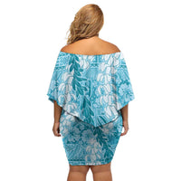 Blue Puakenikeni and Maile Lei Family Matching Off Shoulder Short Dress and Hawaiian Shirt Hawaiian Style Tribal Tapa Double Strand Lei LT9 - Polynesian Pride