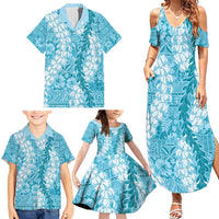 Blue Puakenikeni and Maile Lei Family Matching Summer Maxi Dress and Hawaiian Shirt Hawaiian Style Tribal Tapa Double Strand Lei