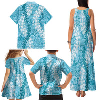 Blue Puakenikeni and Maile Lei Family Matching Tank Maxi Dress and Hawaiian Shirt Hawaiian Style Tribal Tapa Double Strand Lei