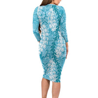 Blue Puakenikeni and Maile Lei Long Sleeve Bodycon Dress Hawaiian Style Tribal Tapa Double Strand Lei LT9 - Polynesian Pride