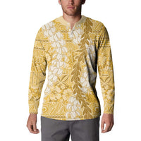 Gold Puakenikeni and Maile Lei Button Sweatshirt Hawaiian Style Tribal Tapa Double Strand Lei
