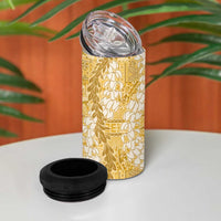 Gold Puakenikeni and Maile Lei 4 in 1 Can Cooler Tumbler Hawaiian Style Tribal Tapa Double Strand Lei
