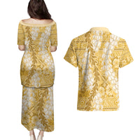 Gold Puakenikeni and Maile Lei Couples Matching Puletasi and Hawaiian Shirt Hawaiian Style Tribal Tapa Double Strand Lei LT9 - Polynesian Pride