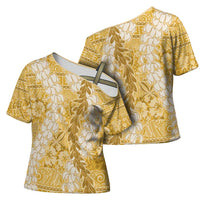 Gold Puakenikeni and Maile Lei Cross Shoulder Shirt Hawaiian Style Tribal Tapa Double Strand Lei LT9 - Polynesian Pride