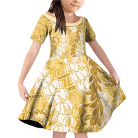 Gold Puakenikeni and Maile Lei Family Matching Off Shoulder Short Dress and Hawaiian Shirt Hawaiian Style Tribal Tapa Double Strand Lei LT9 Daughter's Dress Gold - Polynesian Pride