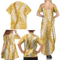 Gold Puakenikeni and Maile Lei Family Matching Summer Maxi Dress and Hawaiian Shirt Hawaiian Style Tribal Tapa Double Strand Lei
