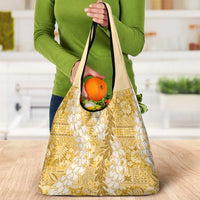 Gold Puakenikeni and Maile Lei Grocery Bag Hawaiian Style Tribal Tapa Double Strand Lei