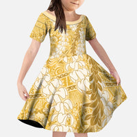 Gold Puakenikeni and Maile Lei Kid Short Sleeve Dress Hawaiian Style Tribal Tapa Double Strand Lei